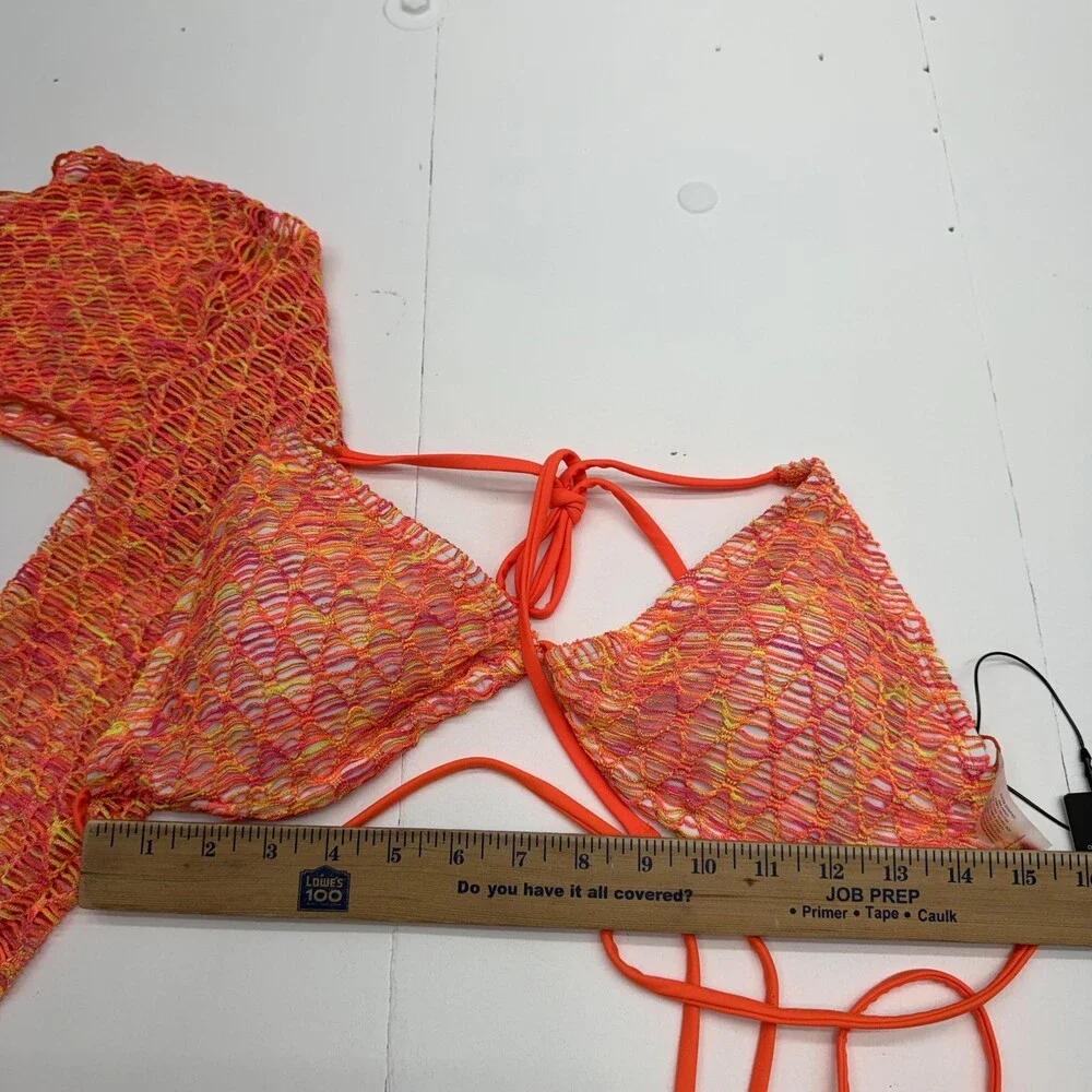 Fashion Nova Bikini Swimsuit Set Womens XL Orange Crochet 3 Piece Lined Stretch
